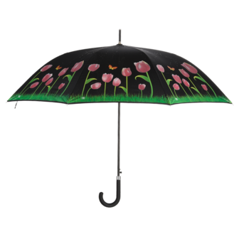 Esschert Design tulpparaplu met kleur veranderend zwart doek TP367 voorkant roze tulpen