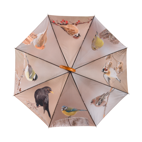 Esschert Design wintervogels paraplu lichtbruin TP387 binnenkant onderkant koolmees vink merel pimpelmees distelvink mus groenl