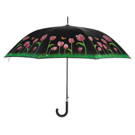 Esschert Design tulpparaplu met kleur veranderend zwart doek TP367 voorkant roze tulpen
